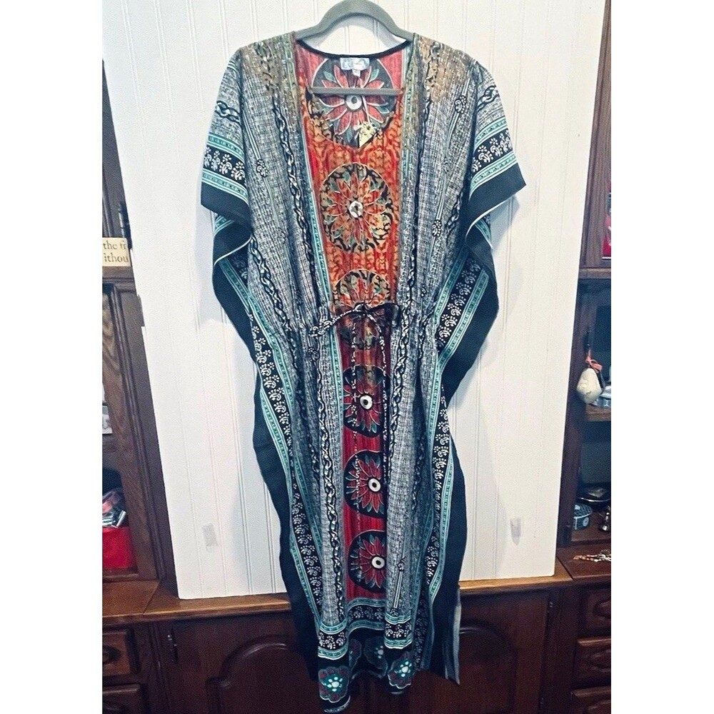 J. Lee Women's Boho Caftan Beach Dress Long V-Neck Kimono Style Cotton OS NWT